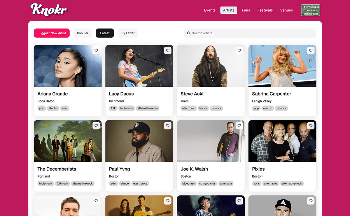 Knokr v1 artists page preview