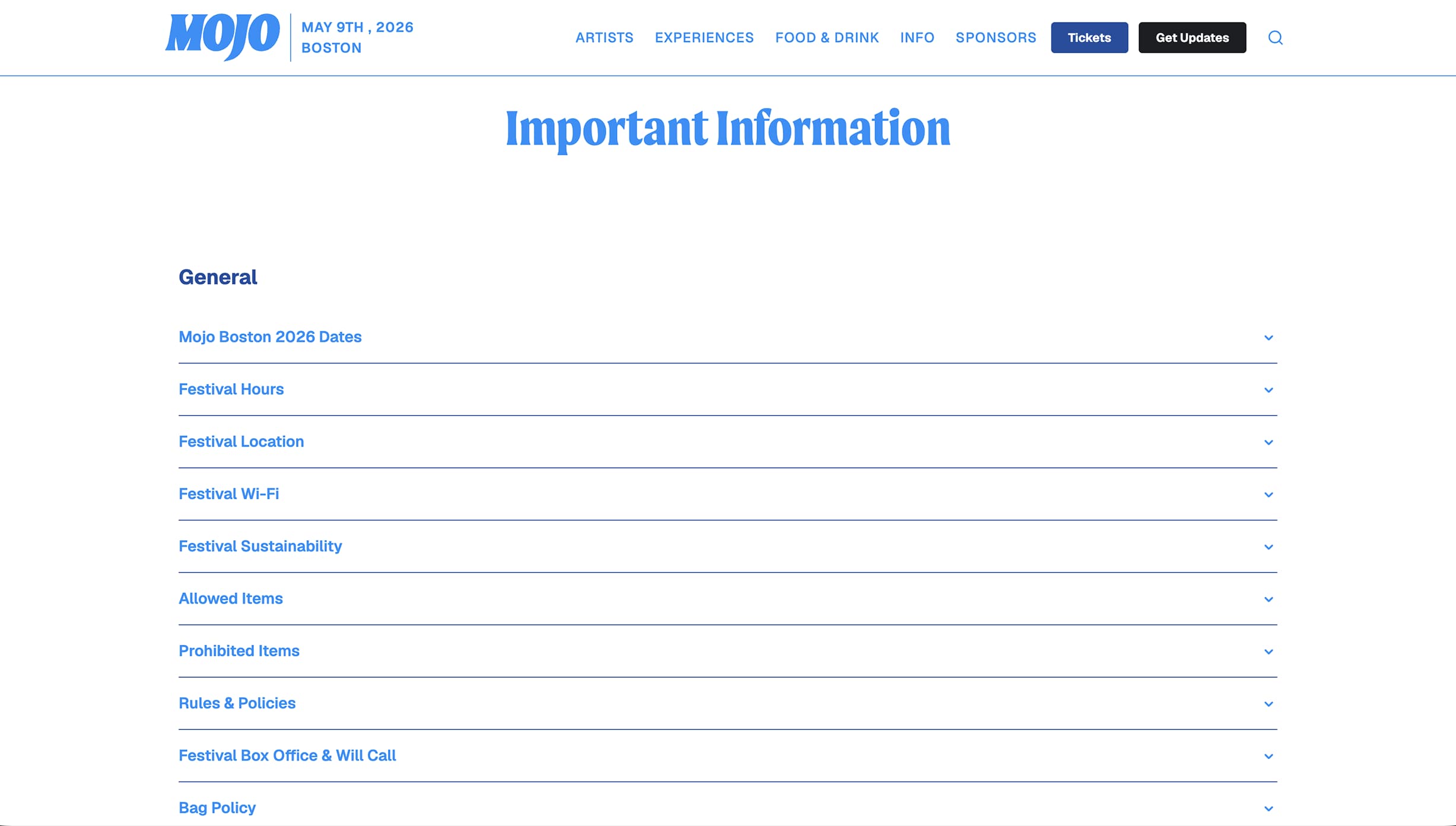 Mojo Boston festival website screenshot